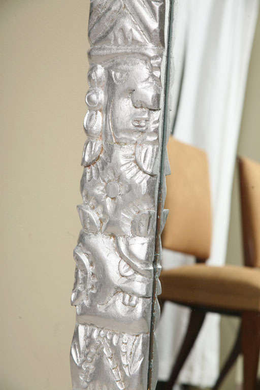 Mexican Aztec Modern Wall Mirror  carved wood  silver leaves finish 1
