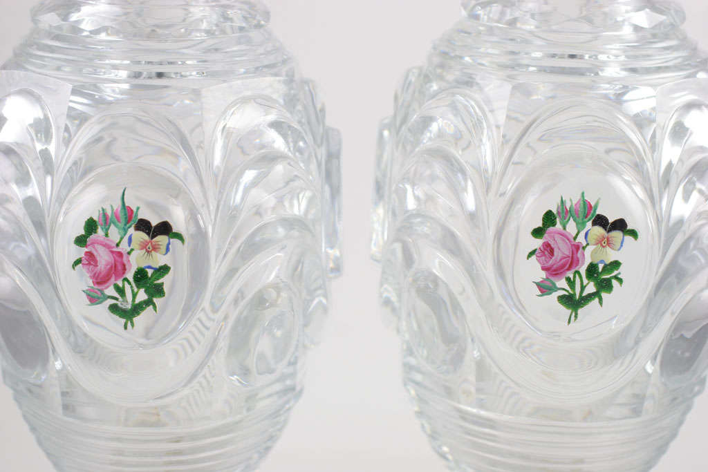 French Baccarat Cut Crystal Vases With Floral Medallions For Sale