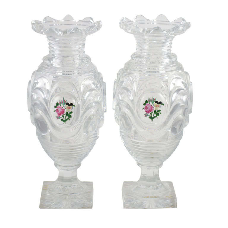 Baccarat Cut Crystal Vases With Floral Medallions For Sale