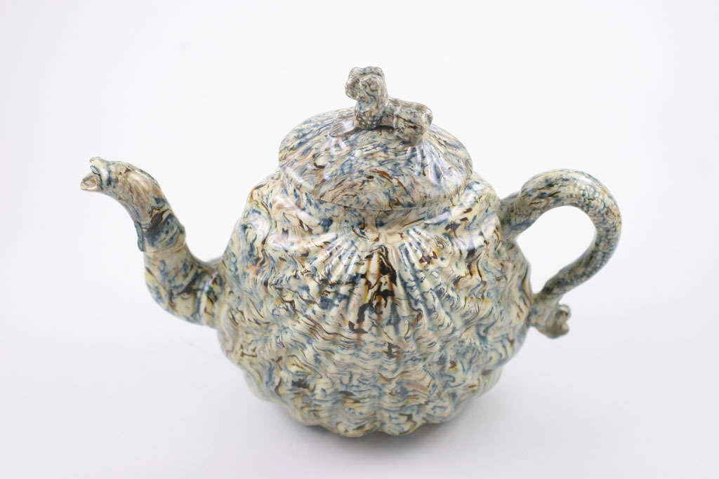 18th Century and Earlier English Solid Agate Pottery Pectin Shell Teapot