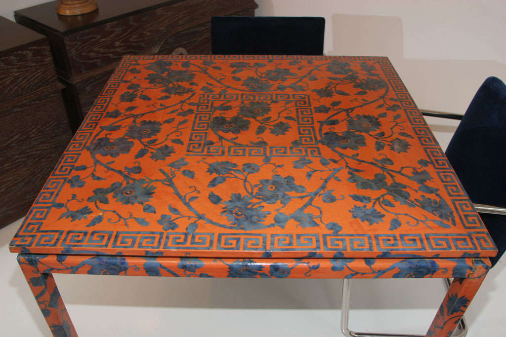 Late 20th Century Game Table Wrapped in Fabric with Chairs