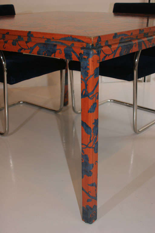 Wood Game Table Wrapped in Fabric with Chairs