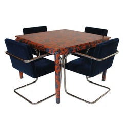 Vintage Game Table Wrapped in Fabric with Chairs