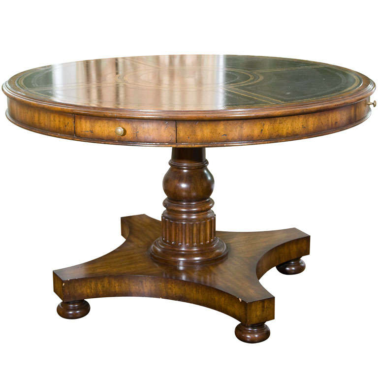 Round Center Hall Table-Tooled Leather Top at 1stdibs