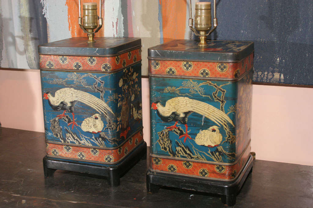 A Pair of 1940's Chinese Style Tins Mounted as Lamps In Good Condition In New York, NY
