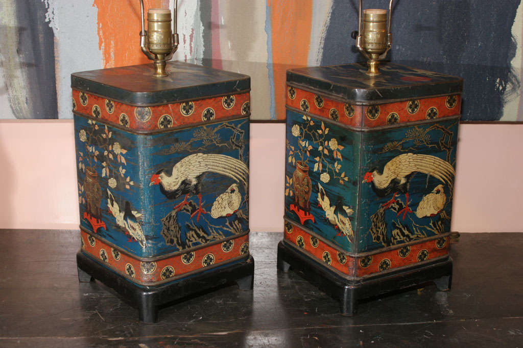 A Pair of 1940's Chinese Style Tins Mounted as Lamps 2
