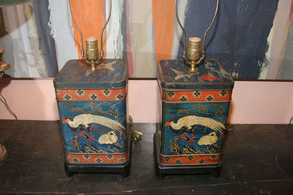 A Pair of 1940's Chinese Style Tins Mounted as Lamps 3
