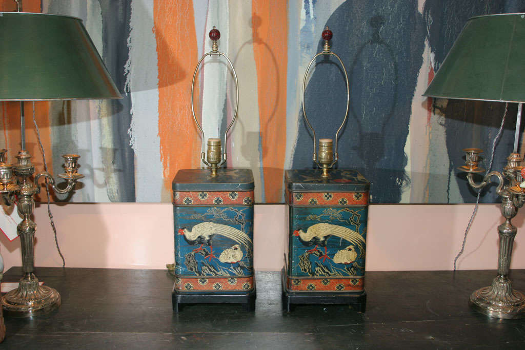 A Pair of 1940's Chinese Style Painted Toile Tins Mounted as Lamps