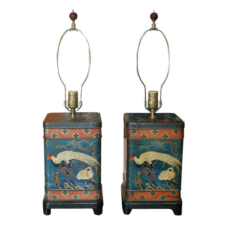 A Pair of 1940's Chinese Style Tins Mounted as Lamps