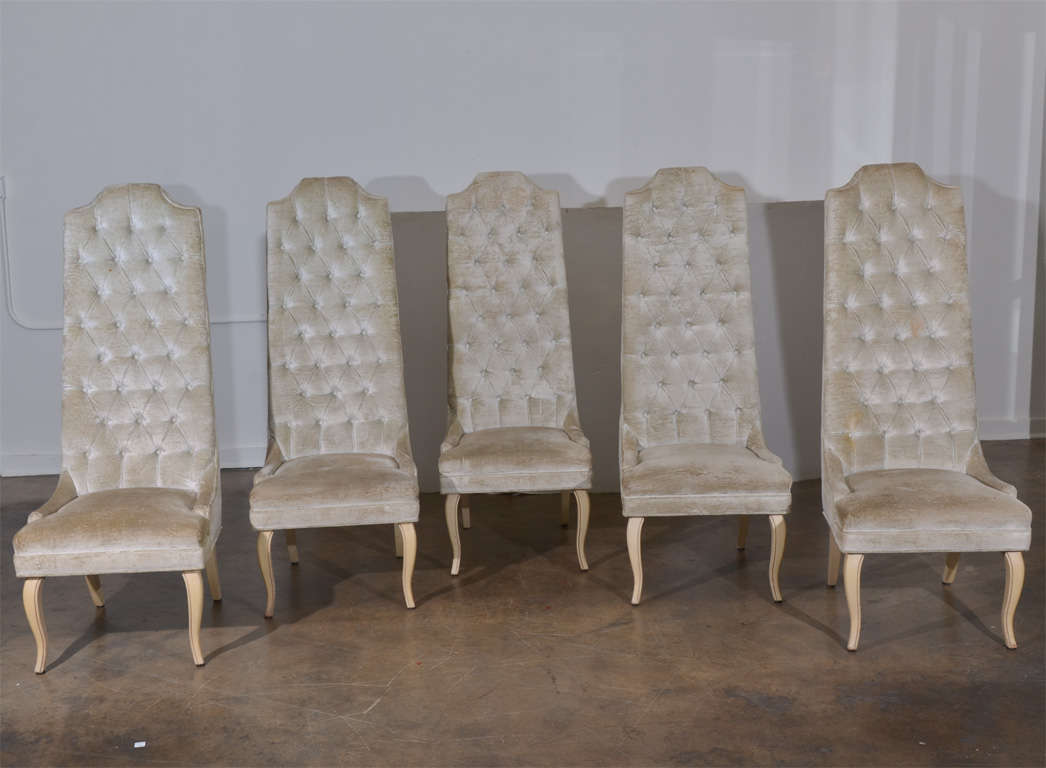 Set of five tall back tufted dining chairs. Two with unusually upholstered back, three with plain upholstered back.