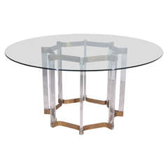 Lucite and Brass Dining Table with Glass Top