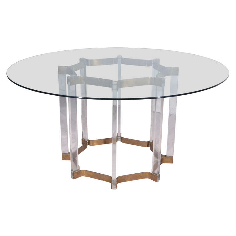 Lucite and Brass Dining Table with Glass Top