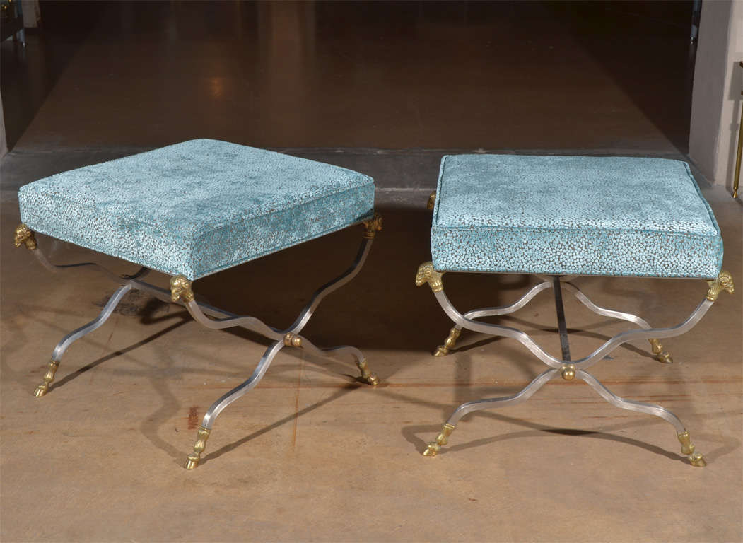 Pair of Italian style brushed steel and brass x-base benches in the style of Maison Jansen. Newly upholstered in cut velvet.