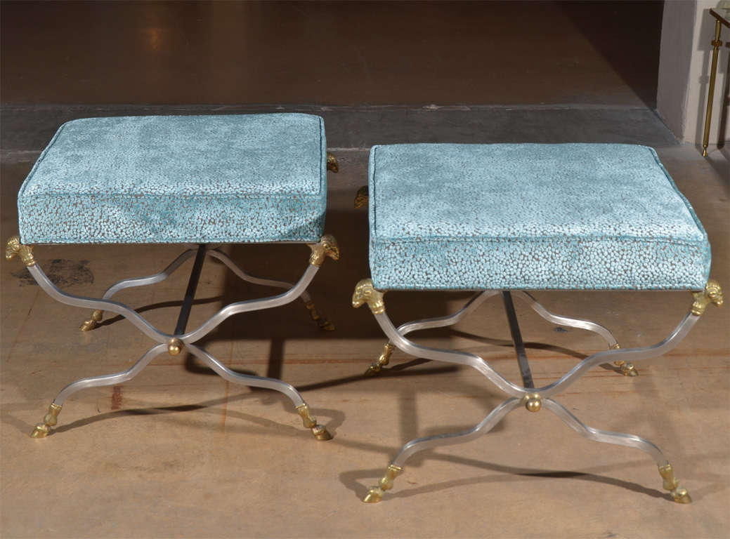 Mid-20th Century Pair Italian Brushed Steel and Brass Rams Head X-Base Benches