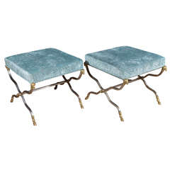 Pair Italian Brushed Steel and Brass Rams Head X-Base Benches