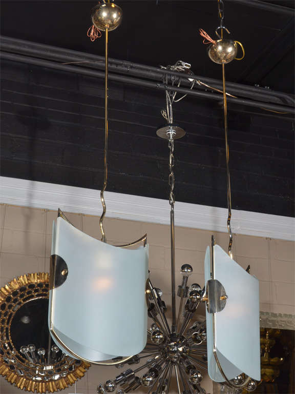 Wonderful pair of Italian pendant lights with frosted glass panels and brass finish frames. Newly wired for US.