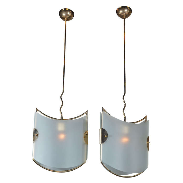 Pair of Italian Glass Brass Pendants Ceiling Lights