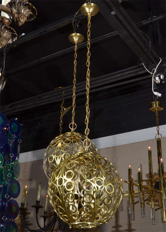 Pair Large Circle Motif Brass Pendant Lights