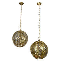 Pair Large Circle Motif Brass Pendant Lights