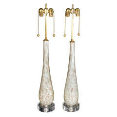 Pair White Aventurine Murano Glass Lamps