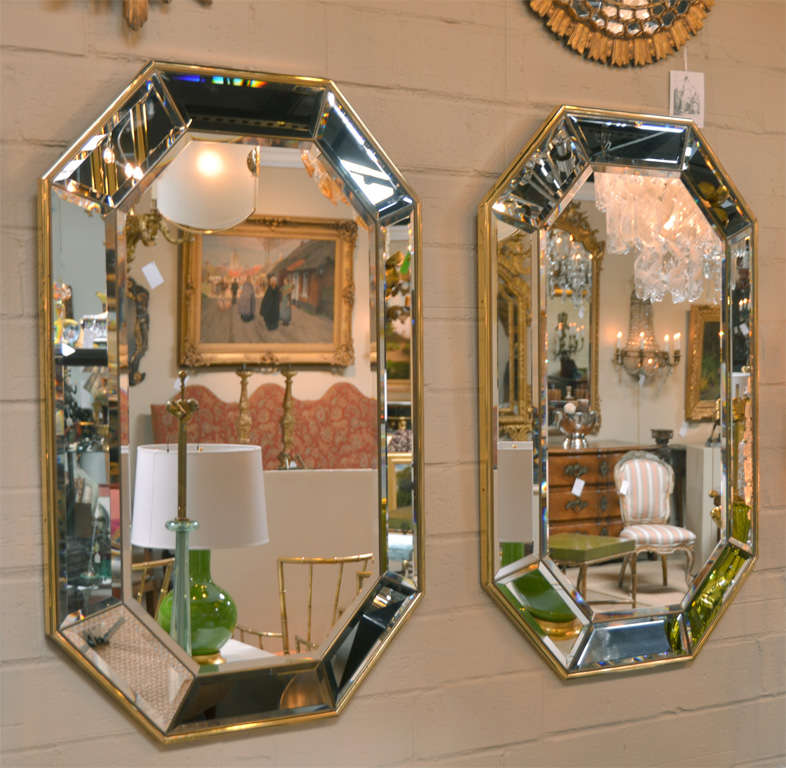 Glass Pair Brass Framed Wall Mirrors Italian