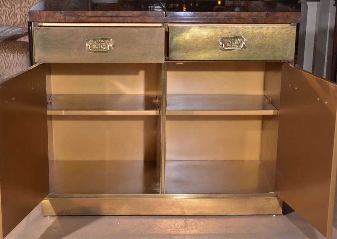 American Mastercraft Brass Burl Wood Flip-Top Bar Cabinet