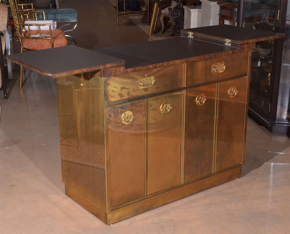 Mid-20th Century Mastercraft Brass Burl Wood Flip-Top Bar Cabinet