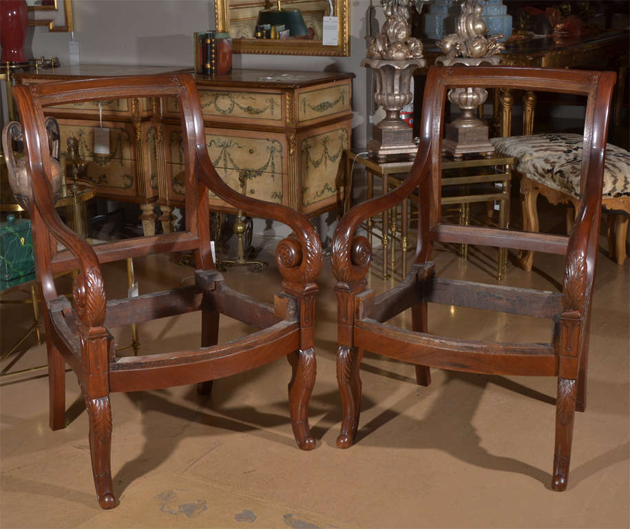 Pair Mahogany Charles X Carved Fauteil Arm Chairs