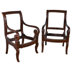 Pair Mahogany Charles X Carved Fauteil Arm Chairs