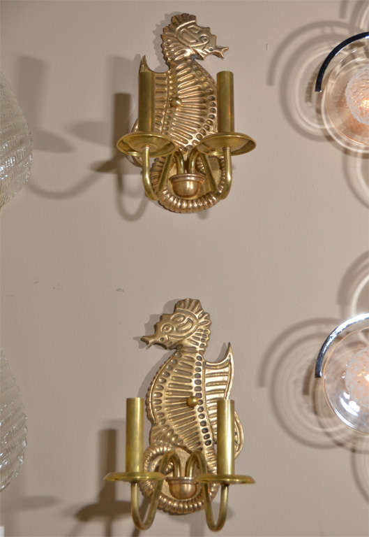 Pair Bronze Seahorse Wall Sconces