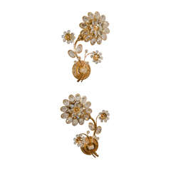 Pair Lobmeyr Style Floral Crystal Gold Plated Wall Sconces