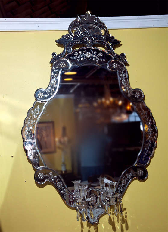 Large Venetian Mirror Etched Glass with Two Arm Candelabras And Prisms