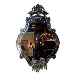 Large Venetian Mirror Etched Glass with Two Arm Candelabras And Prisms