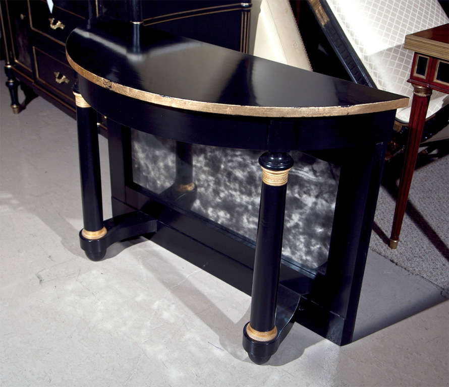 Pair of Ebonized Pier Demilune Tables Mirror Veneered Black Splat 1