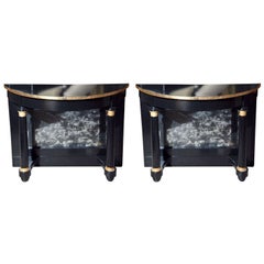 Vintage Pair of Ebonized Pier Demilune Tables Mirror Veneered Black Splat
