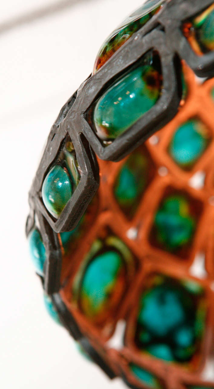 Metal Hand Blown Turquoise Art Glass Pendant