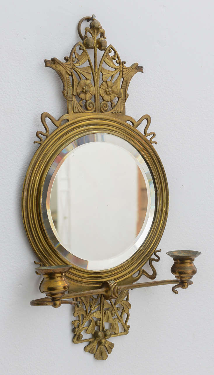 English Cast Brass Art Nouveau Two-Arm Candle Holder / Wall Mount Mirror, Britan, 19th C