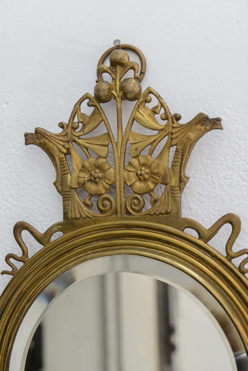 Beveled Cast Brass Art Nouveau Two-Arm Candle Holder / Wall Mount Mirror, Britan, 19th C