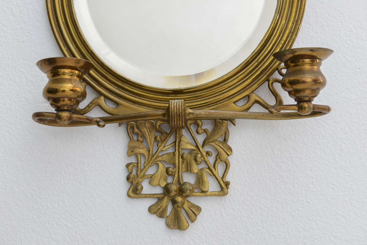 Cast Brass Art Nouveau Two-Arm Candle Holder / Wall Mount Mirror, Britan, 19th C In Excellent Condition In West Palm Beach, FL