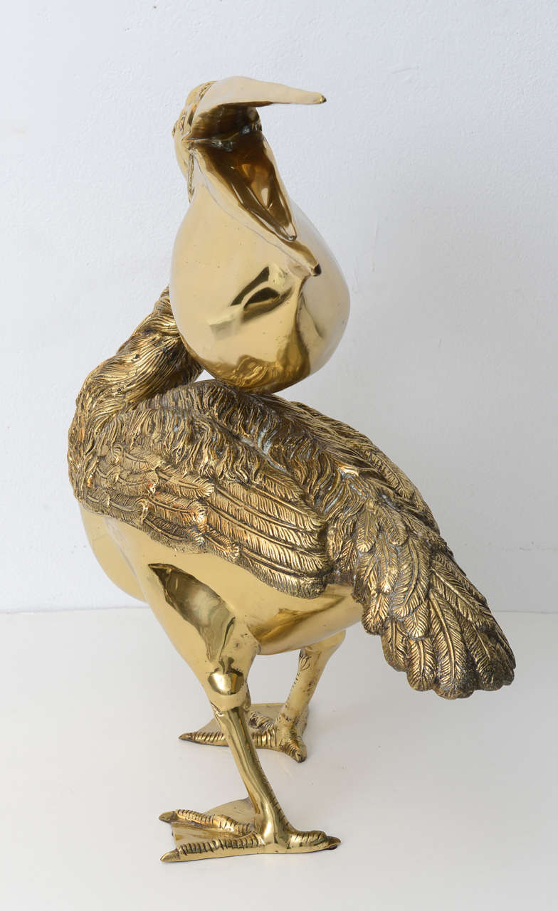 Hollywood Regency Large Scale, Life Size Pelican Sculpture in Polished Brass