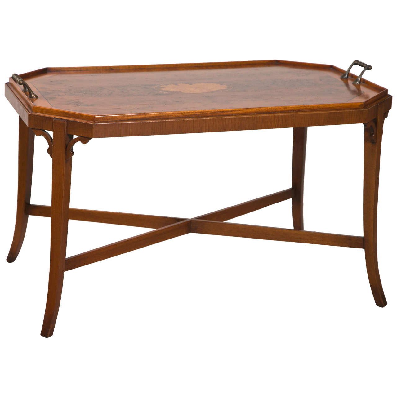 Inlaid Multiwood tray table banded top lift off tray