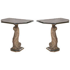 French Carved Base Distressed Mirrored Top Wall Consoles