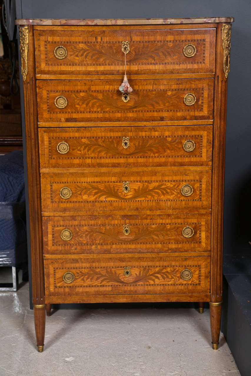 6 Drawer marble top French Marquetry high Chest In Good Condition In Stamford, CT