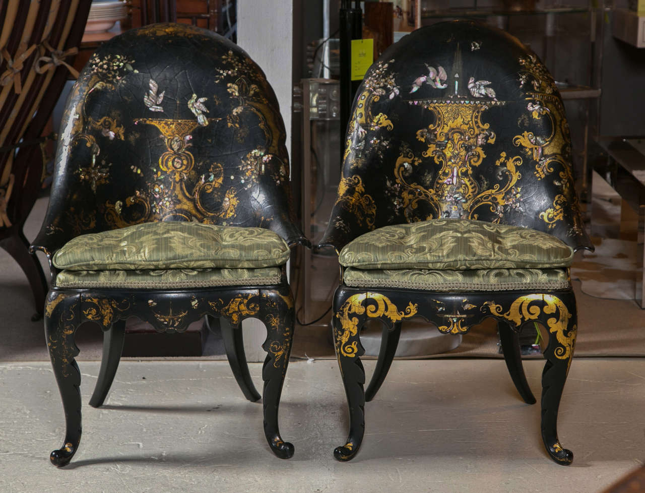 Pair of Papier Mache Victorian Mother of pearl in laid slipper chairs For Sale 4