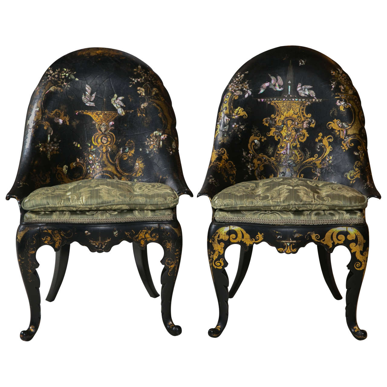 Pair of Papier Mache Victorian Mother of pearl in laid slipper chairs For Sale