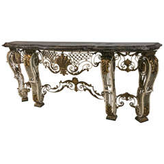 French Marble-Top Iron Base Console