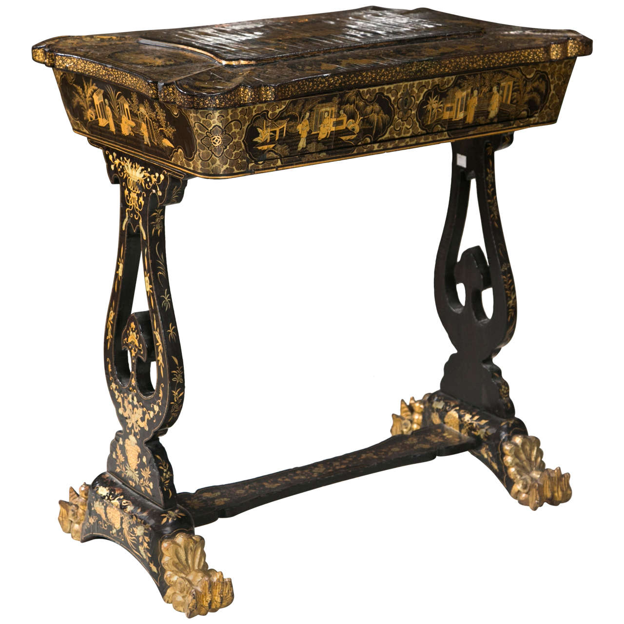 19th c. Antique Chinese Export Lacquer chinoiserie Sewing Stand at 1stDibs