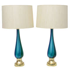Pair of Aqua Blue and Green Handblown Murano Glass Lamps