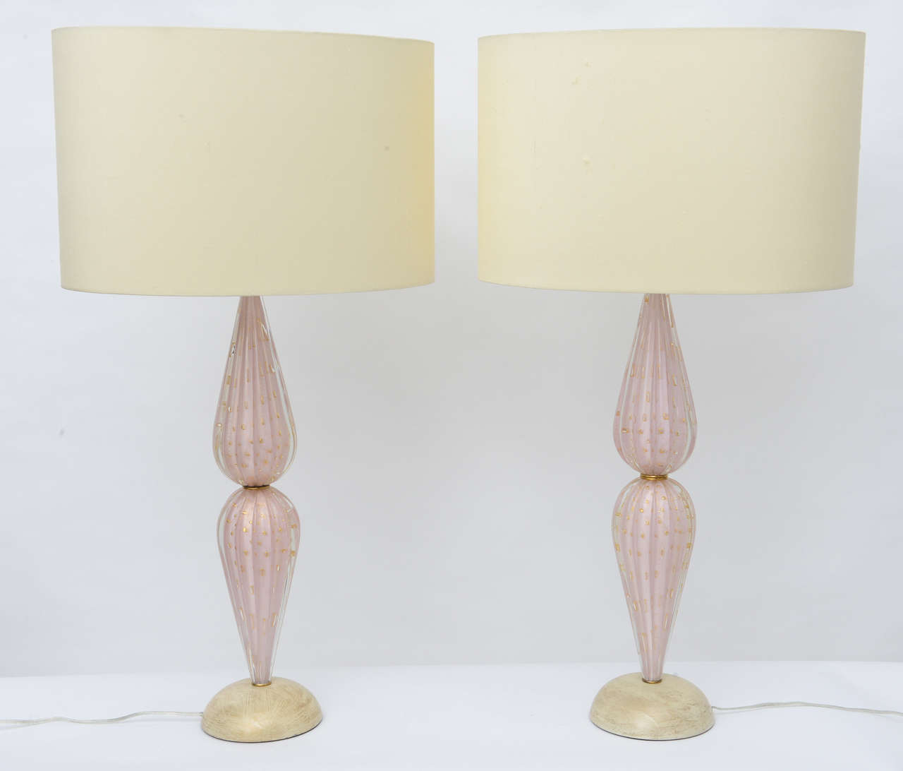 Brass Pair of Alfredo Barbini Venetian Double-Tier Murano Glass Lamps  For Sale