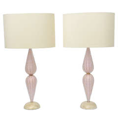 Pair of Alfredo Barbini Venetian Double-Tier Murano Glass Lamps 